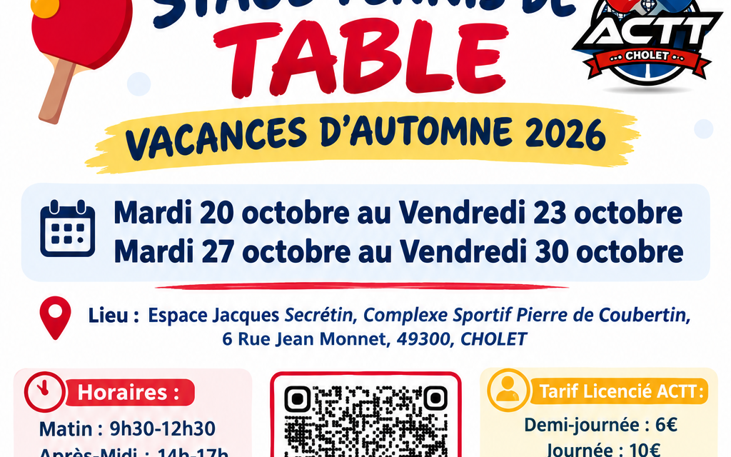 Stage Tennis de Table Vacances Automne 2026